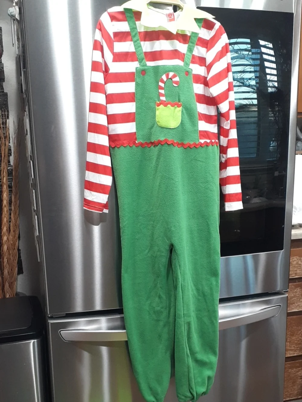 Kids Green Elf Overalls Costume with Red-White Striped Top Hat And Elf Booties